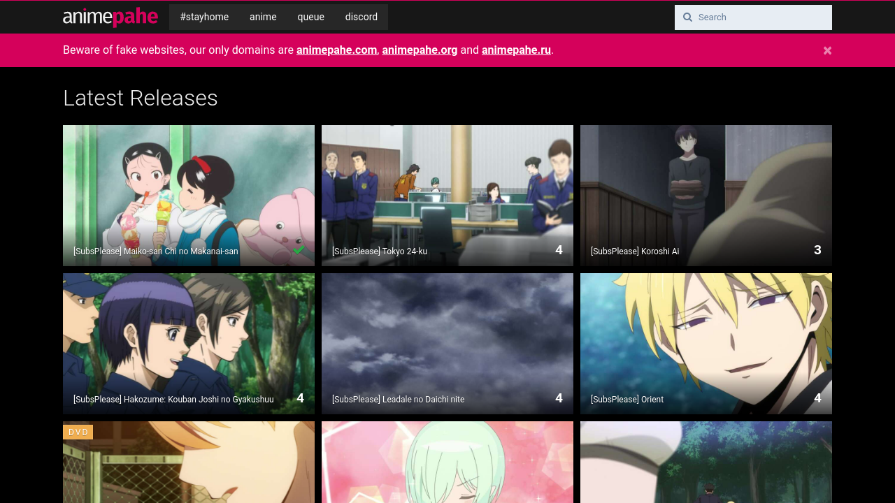 Screenshot of the site Animepahe